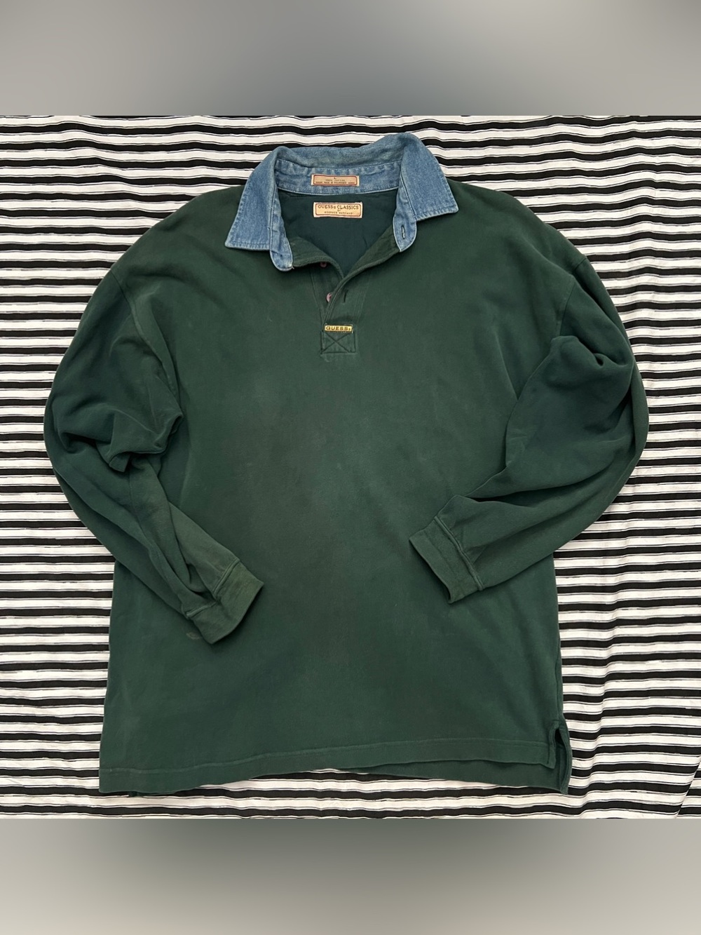 Vintage Guess Forest Green Long-Sleeve Rugby Shirt with Denim Collar